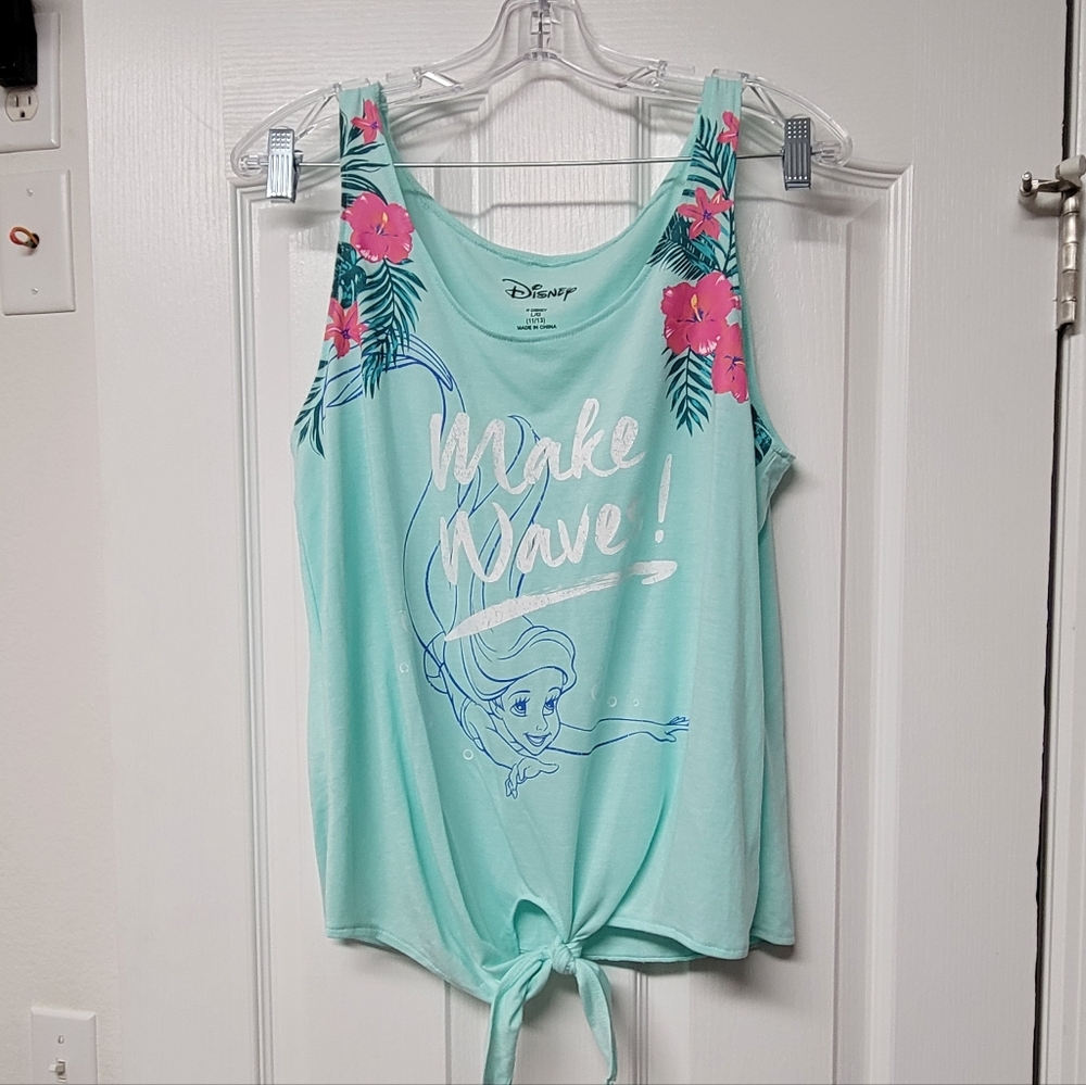 Disney Women's Mint Tank Top with Pink Floral and Blue Design